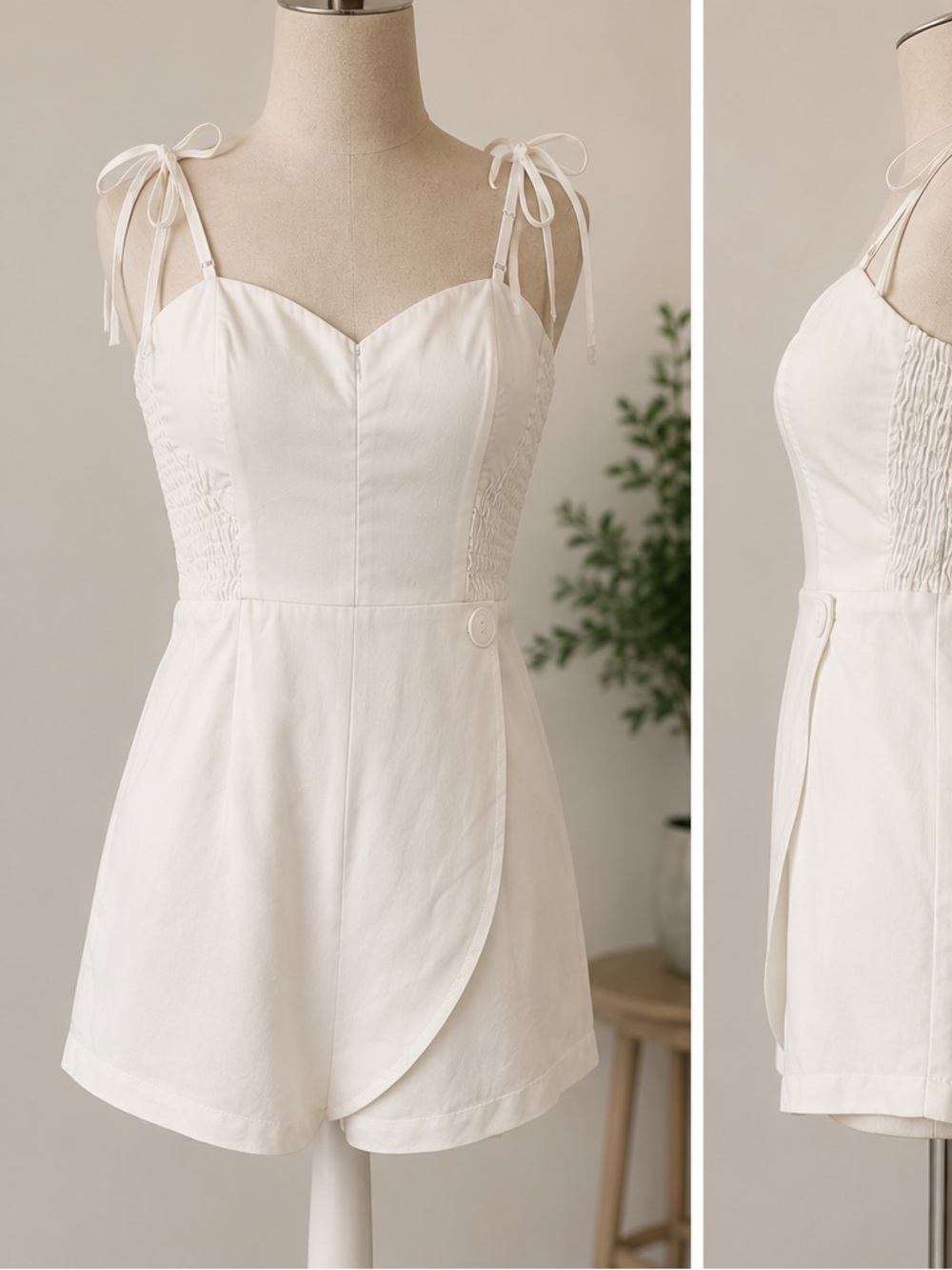 Tie-Shoulder Cream Sundress with Smocked Sides